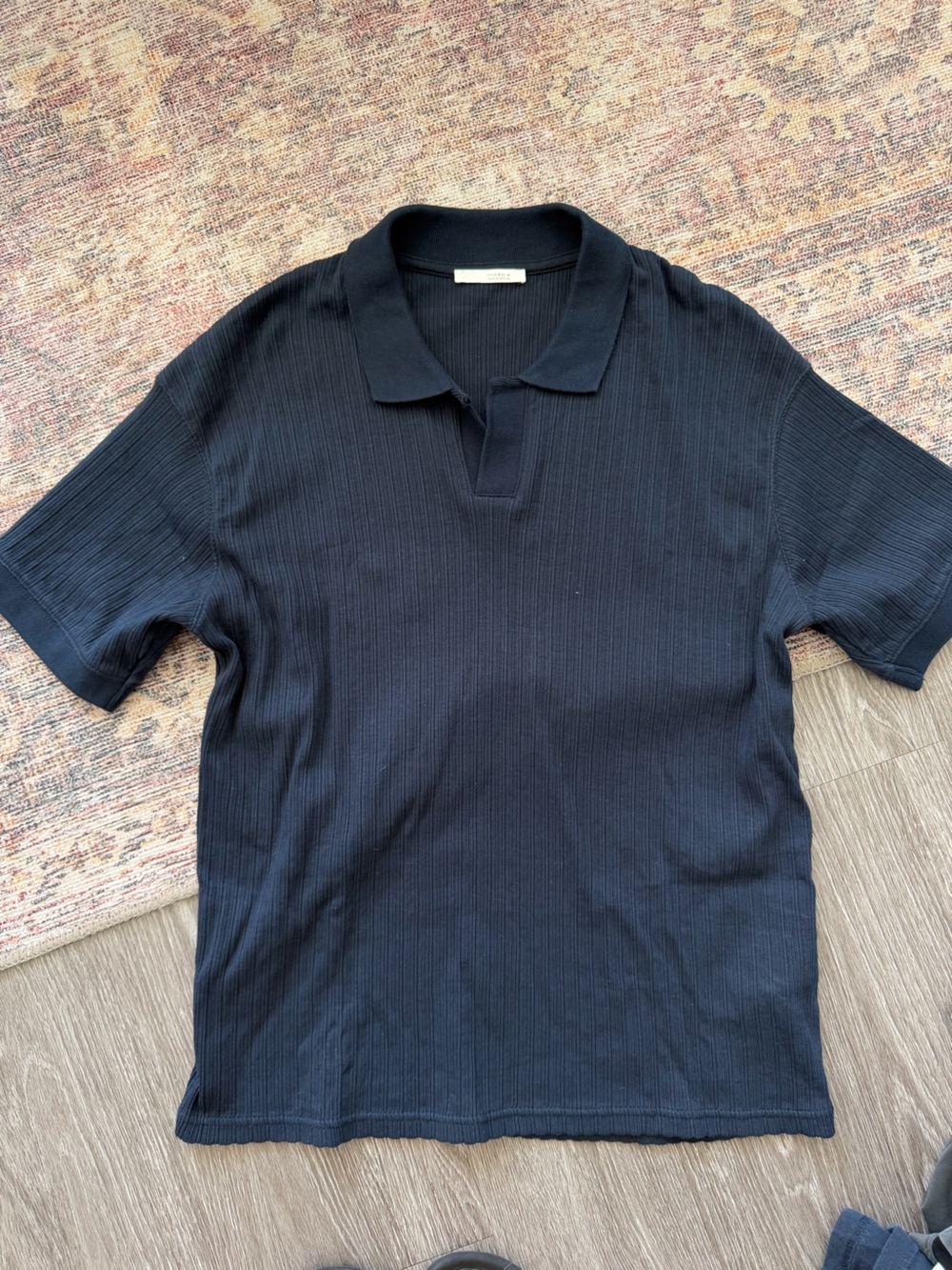Zara Vertical Textured Ribbed Polo Shirt Navy Men’s M